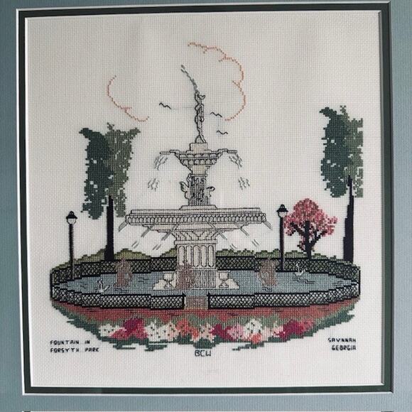 Vintage Needlepoint 16" Wood Framed Artwork, Forsyth Park, Savannah GA Folk Art - Picture 2 of 15